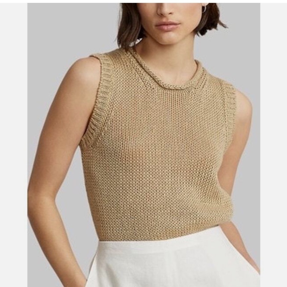 Polo Ralph Lauren Linen Cotton Tan Knit Sleeveless Crewneck Sweater Vest, XXL